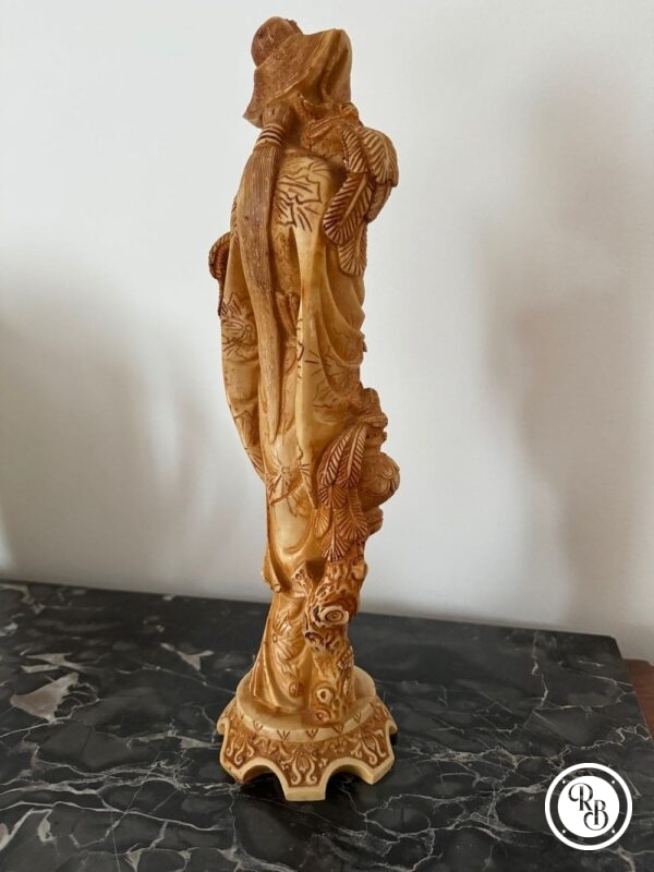 vintage ,statue en résine belle femme asiatique al'éventail et aux oiseaux